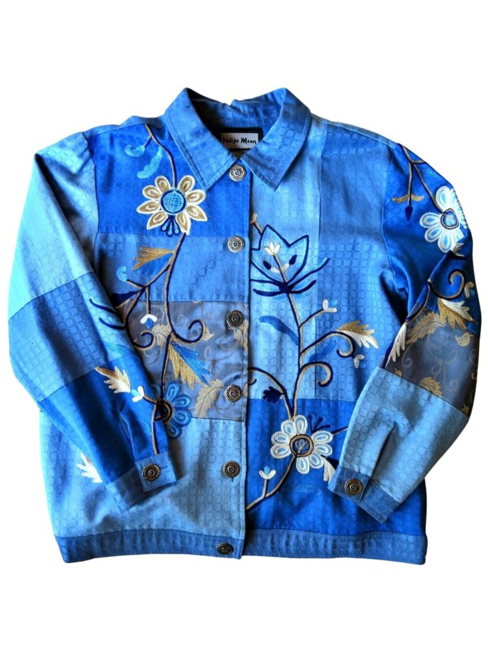 Indigo Moon Blue Patchwork Embroidered Jacket Lined Button Front Women’s Large